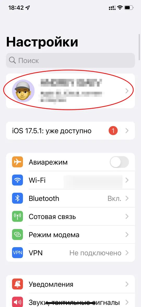 Выбор Apple ID в настройках iPhone