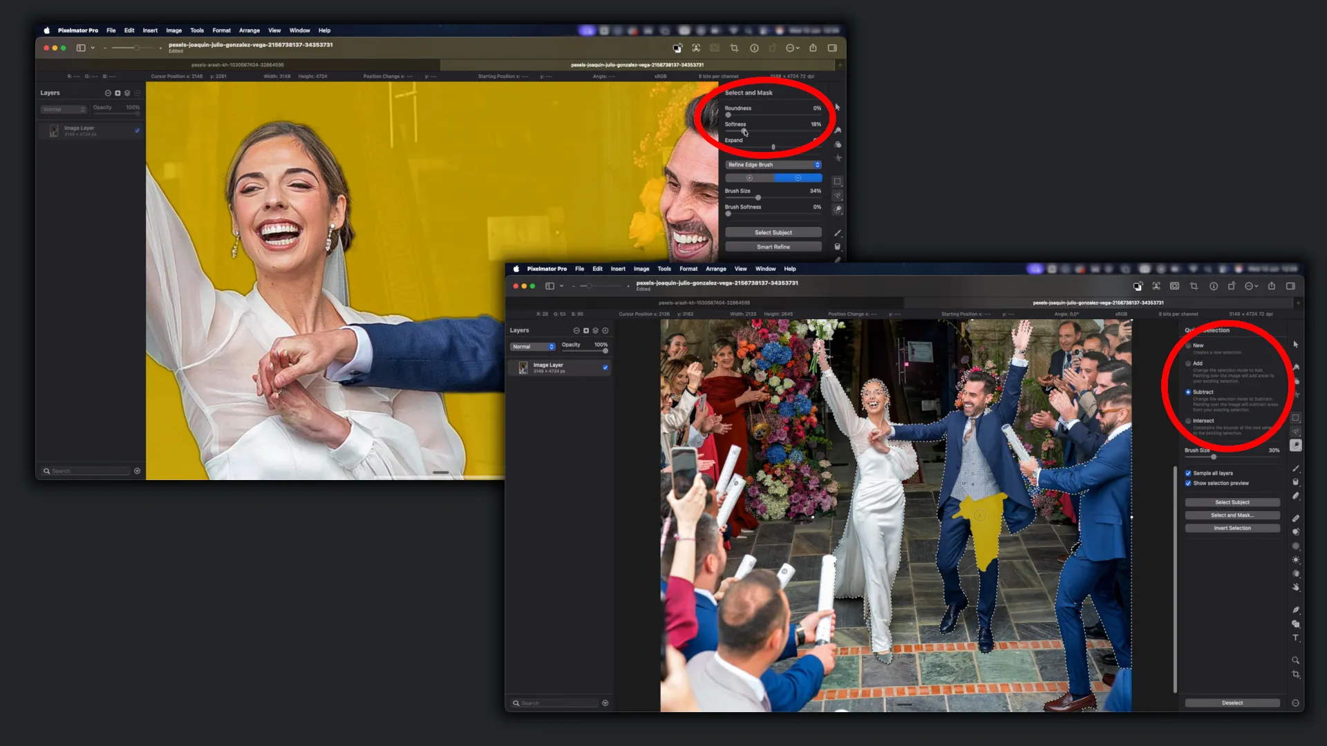 Auswahl ähnlicher Bereiche und Anpassung der Maske in der Benutzeroberfläche von Pixelmator Pro