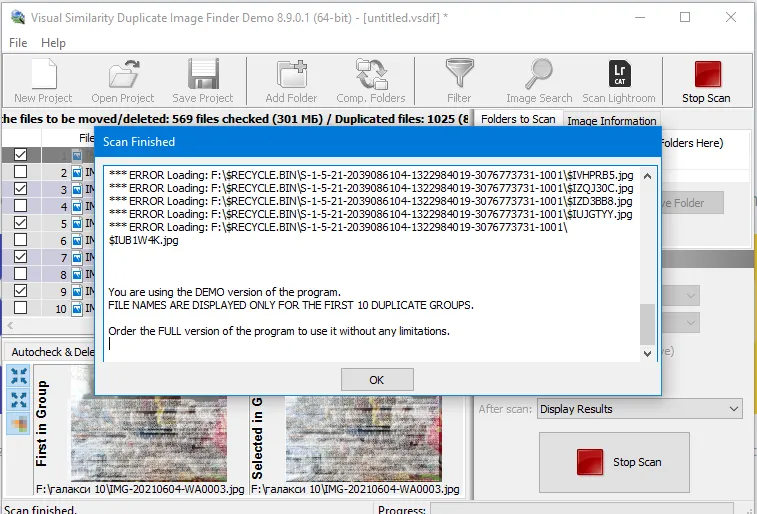 Limites de la version de démonstration de Duplicate Image Finder de similarité visuelle