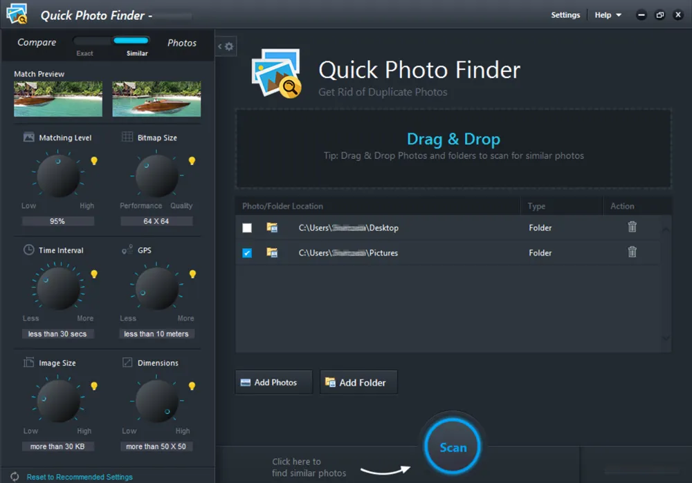 Interfaz de usuario del Quick Photo Finder