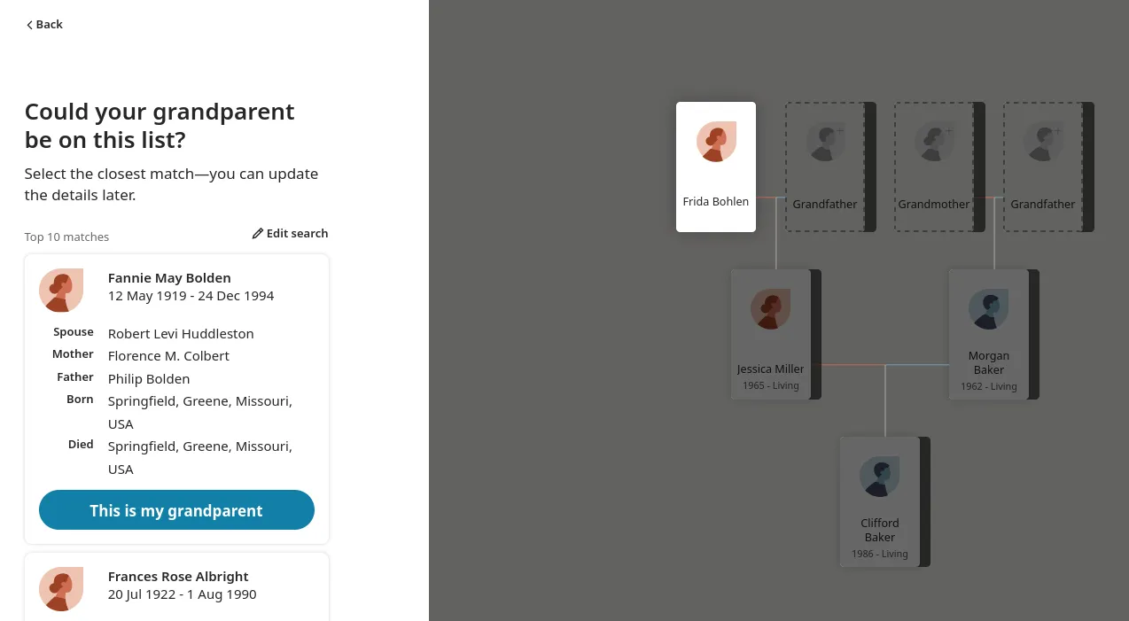 Person search tool in the Ancestry database