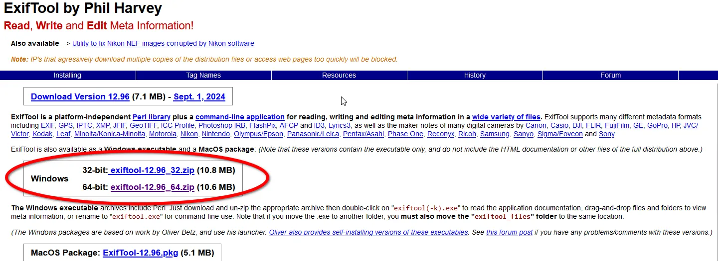 Загрузка ExifTool с официального сайта разработчика