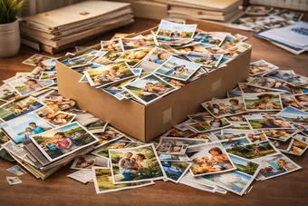 Family photo archive before and after organizing