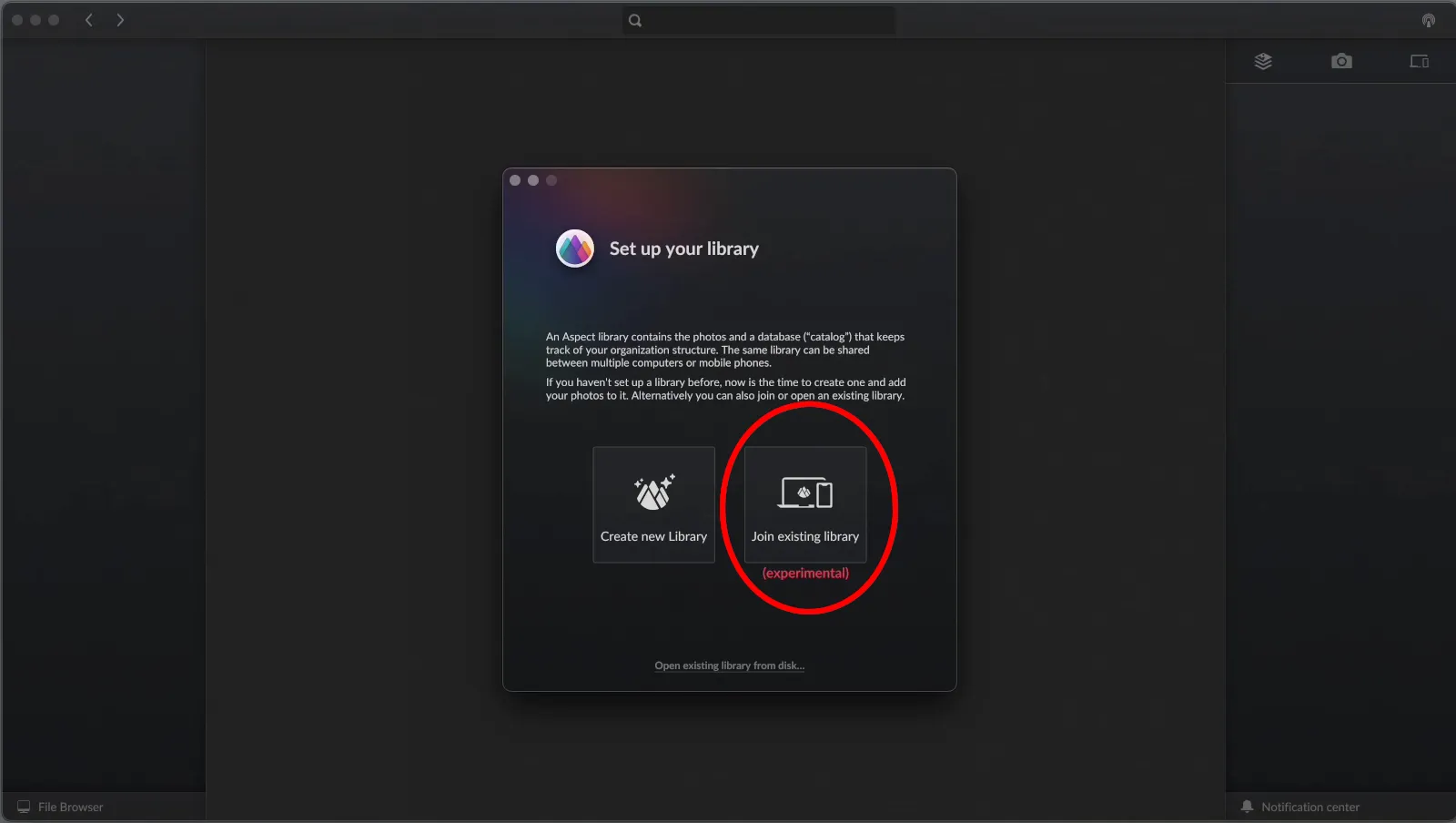 Sélection d'un mode de création de bibliothèque dans Aspect