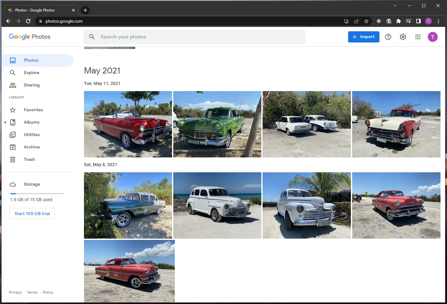 User interface of web version of Google Photos