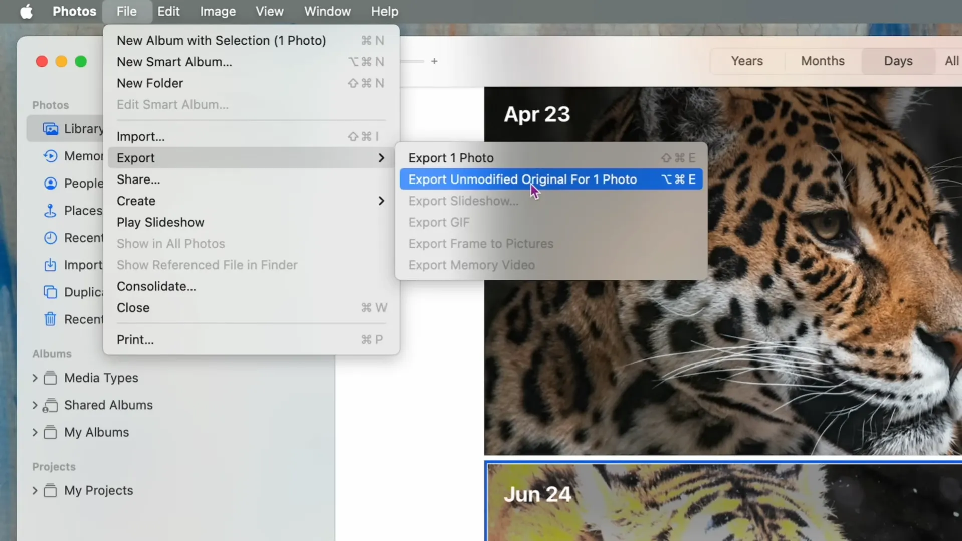 Location of the export function in the Apple Photos menu