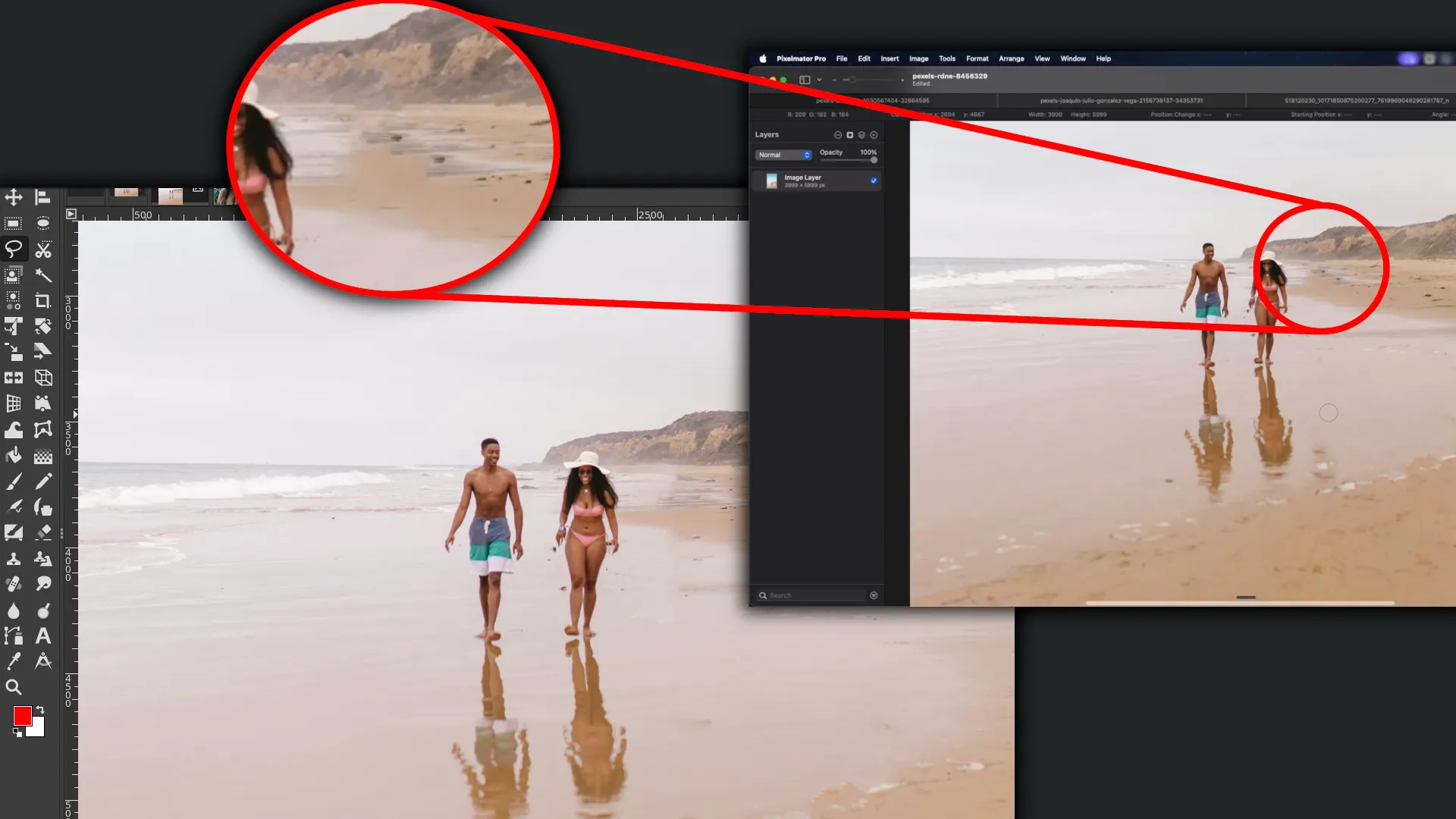 Vergleich des Resynthesizer-Plugins in GIMP mit Pixelmator Pro