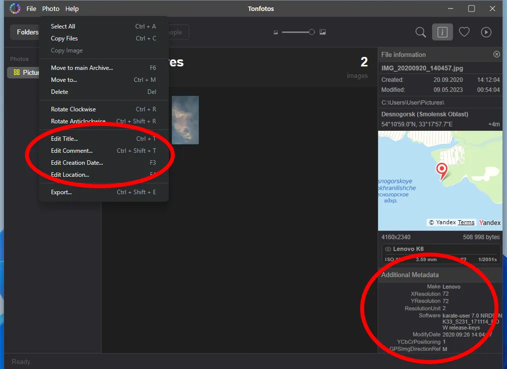 Viewing and editing metadata in Tonfotos