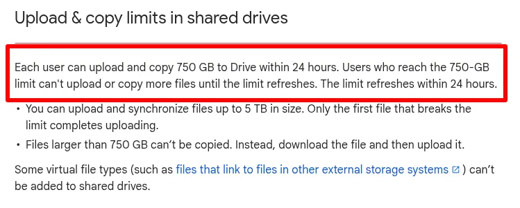 The text of the traffic limits in the Google Drive documentation