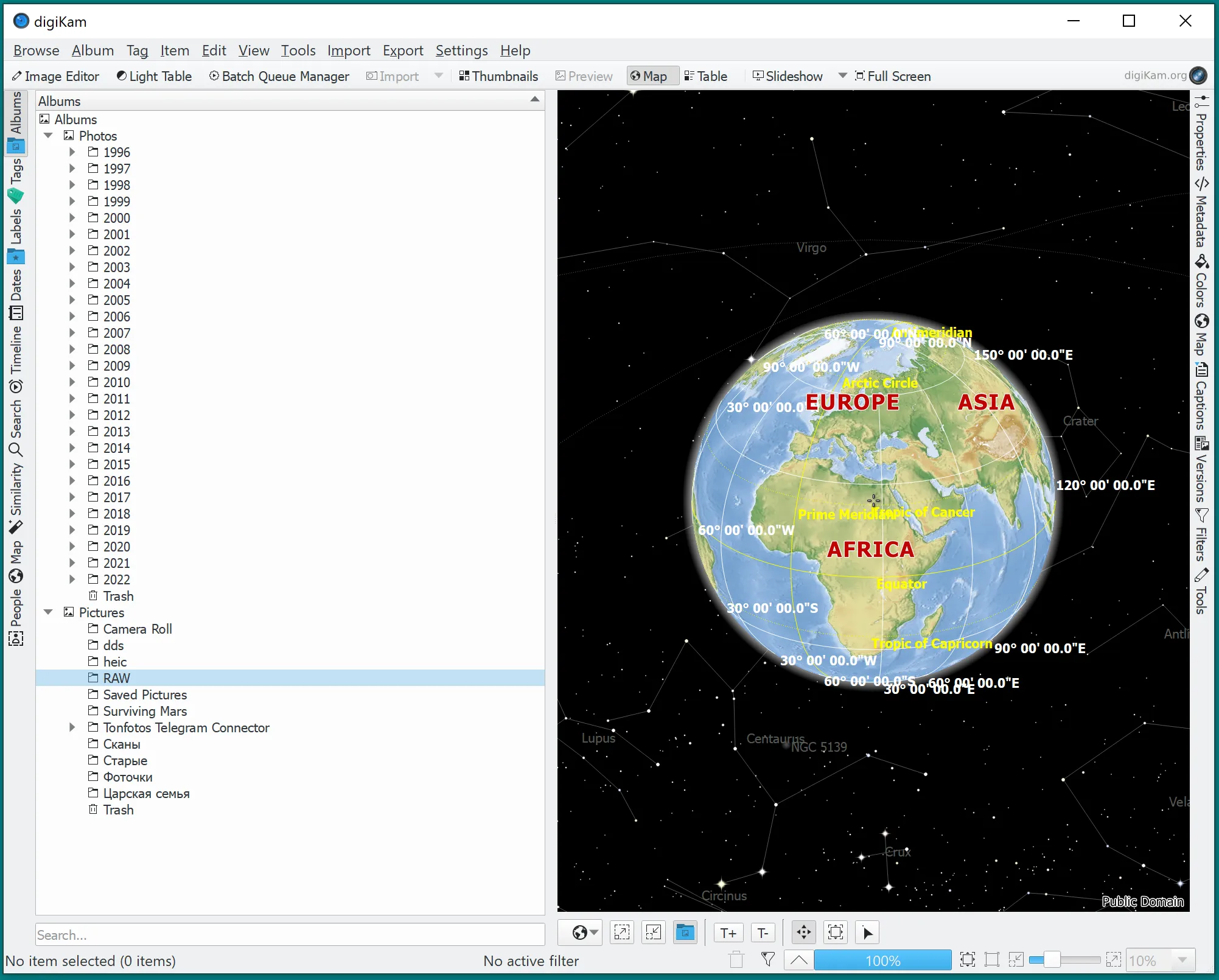 Esto es lo que ve el usuario al activar el modo de mostrar fotos en el mapa en digiKam