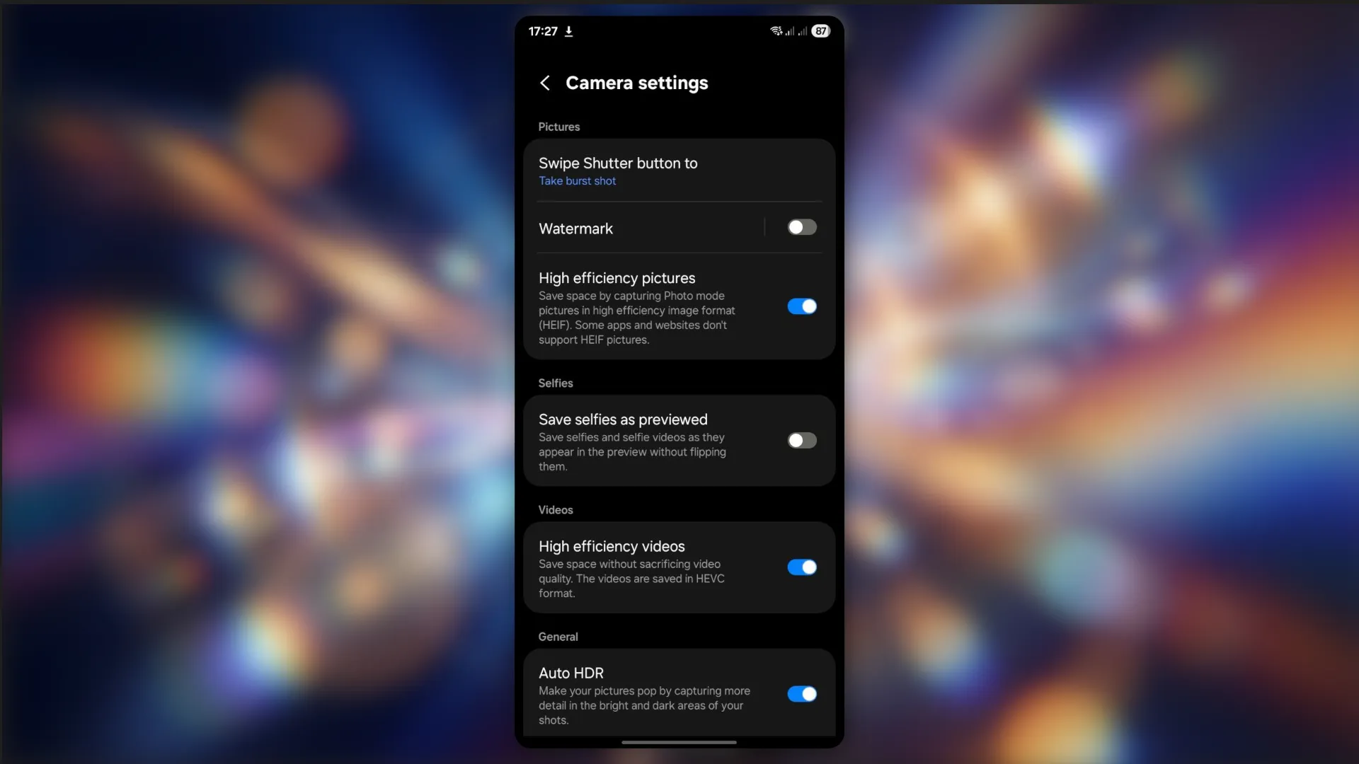 The presence of the HEIC format in the Android phone camera settings