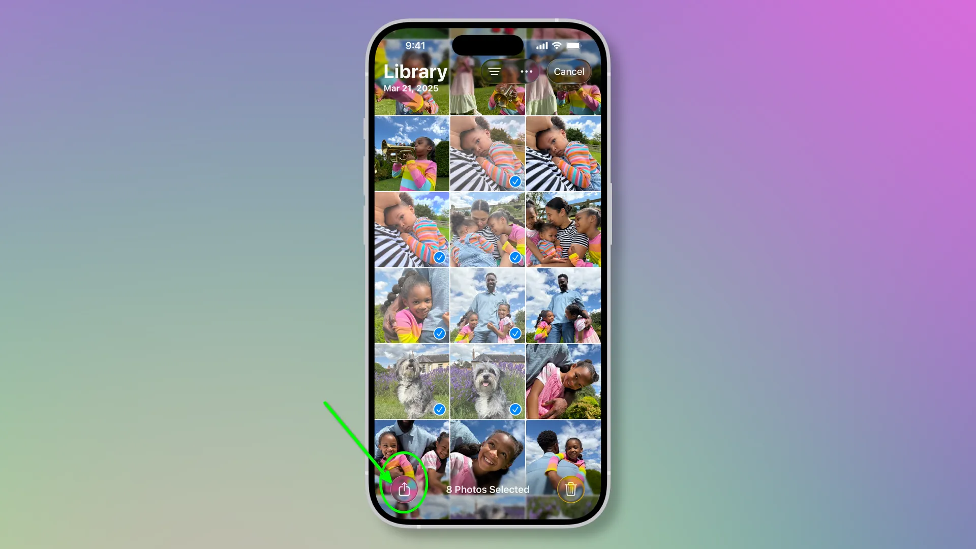 The location of the Share button in the Apple Photos mobile app