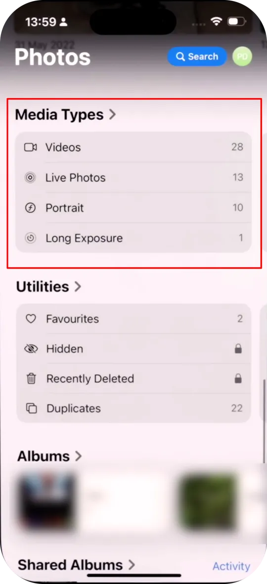 Sorting Media Content by Type in iPhone Photos