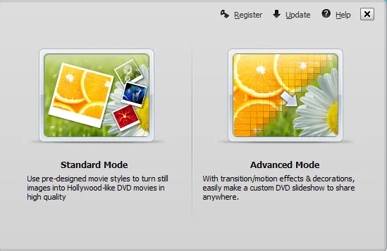 Выбор режима в приложении Wondershare DVD Slideshow Builder Deluxe