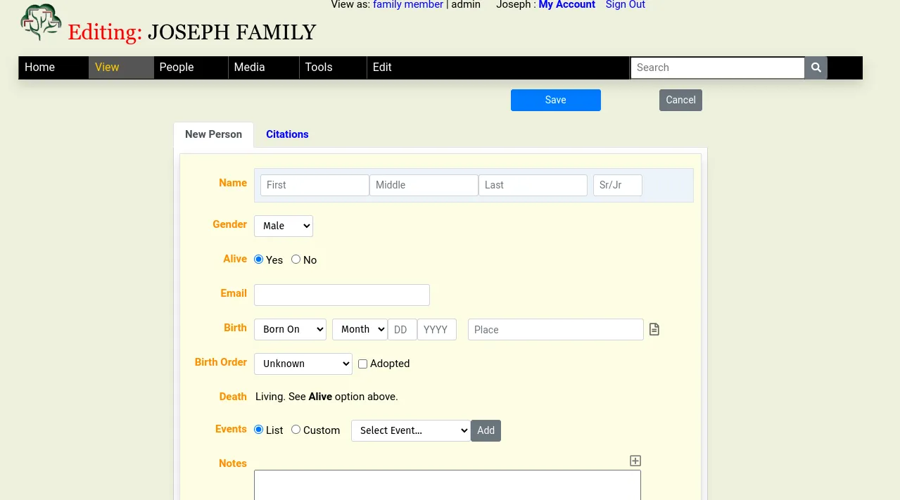 Family tree personal information form