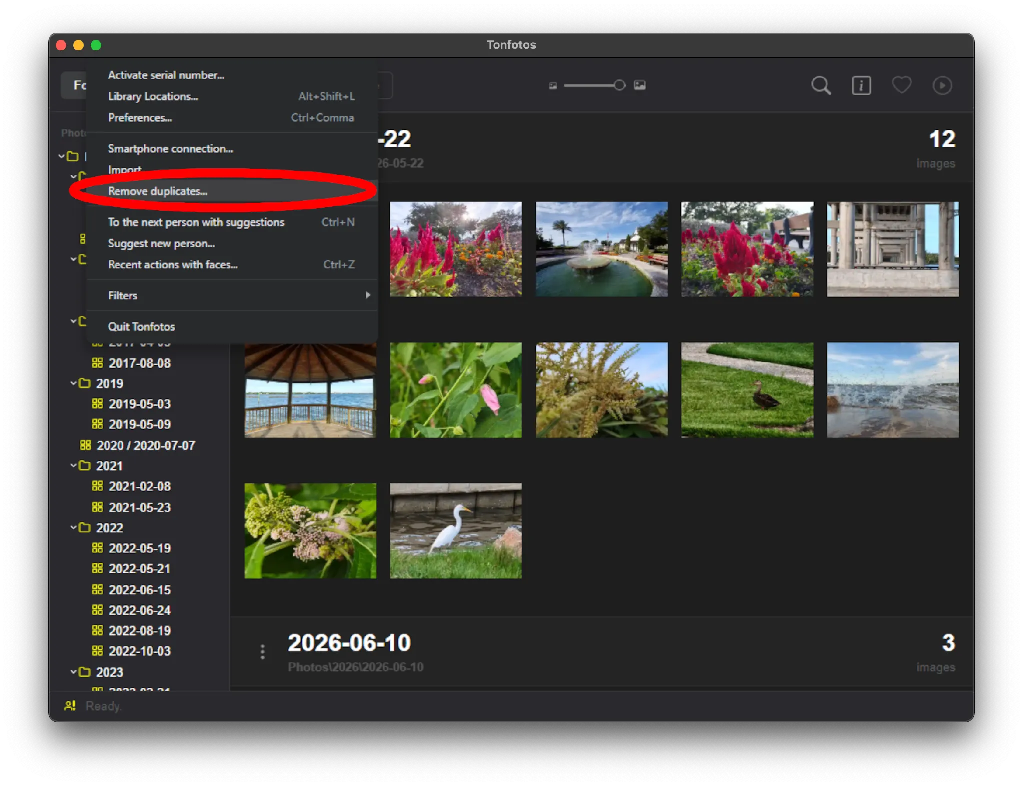 Location of the duplicate search function in the Tonfotos menu