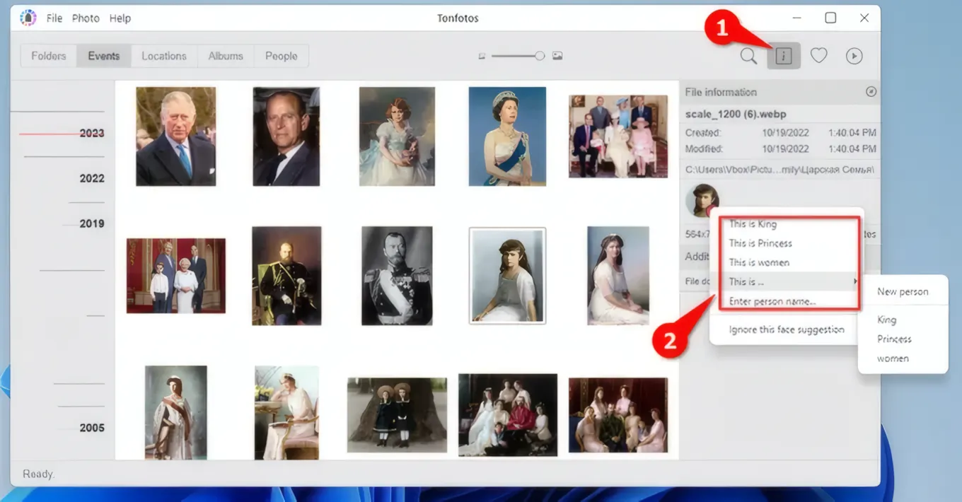 Example of specifying a person's name and the Tonfotos interface