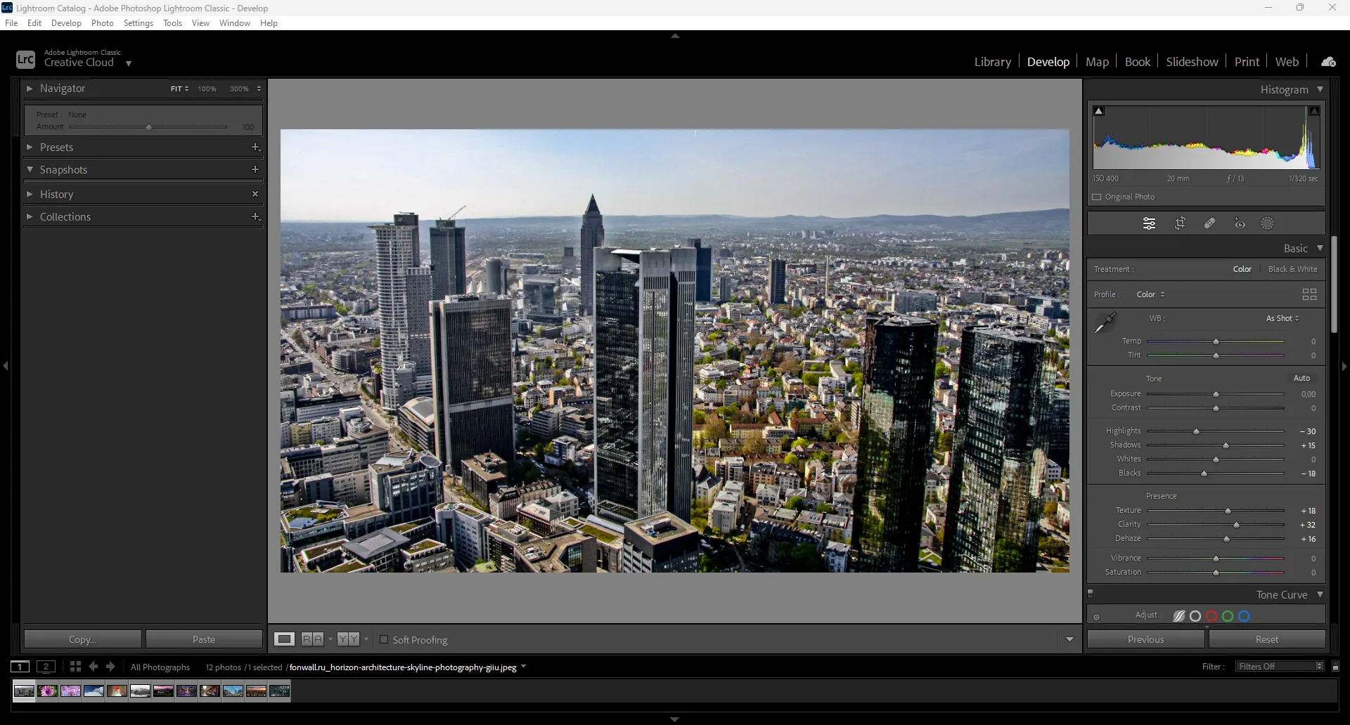 Interface utilisateur de Lightroom