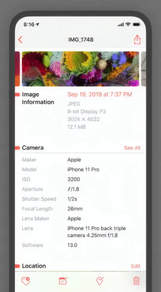 Interface de l'application Metapho affichant les données techniques de l'image