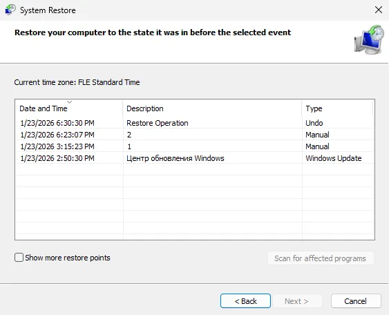 Example of a list of manual and automatic system snapshots