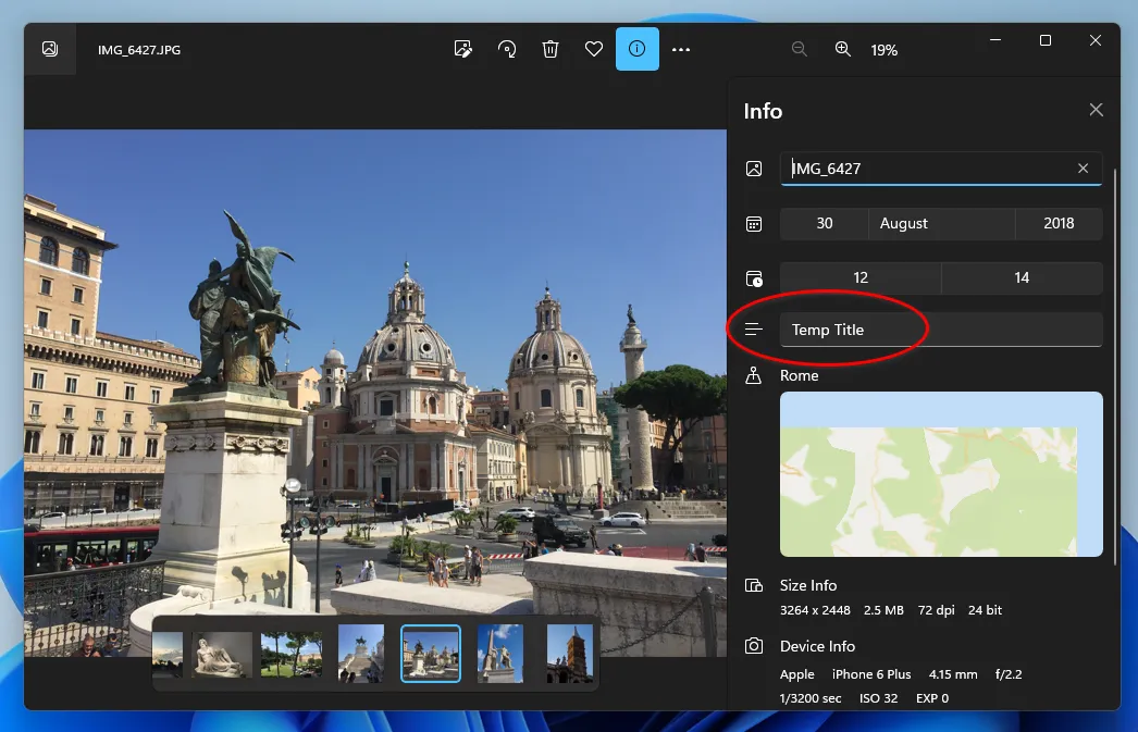 Displaying a photo title in the Windows Photos app