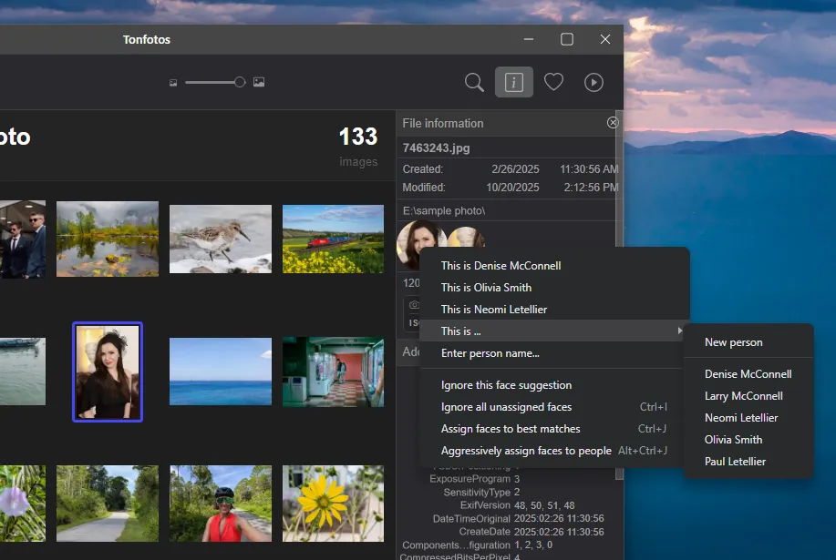Adding a person's name to a photo in Tonfotos