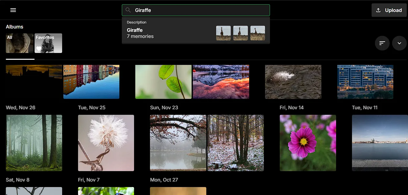 Web interface and photo search function by description Ente