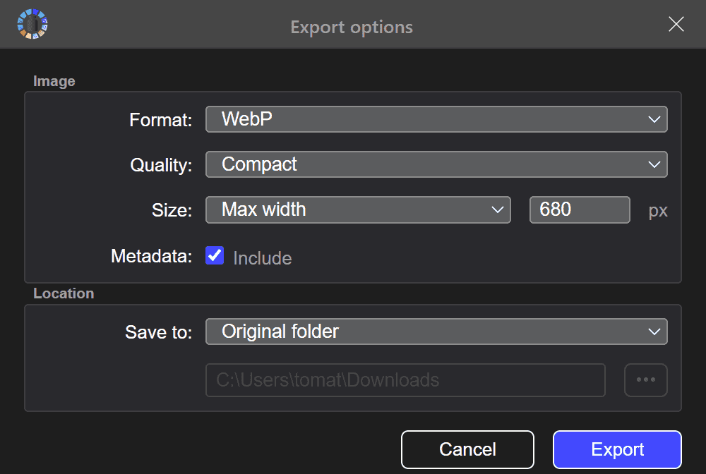 Image export settings dialog in Tonfotos application