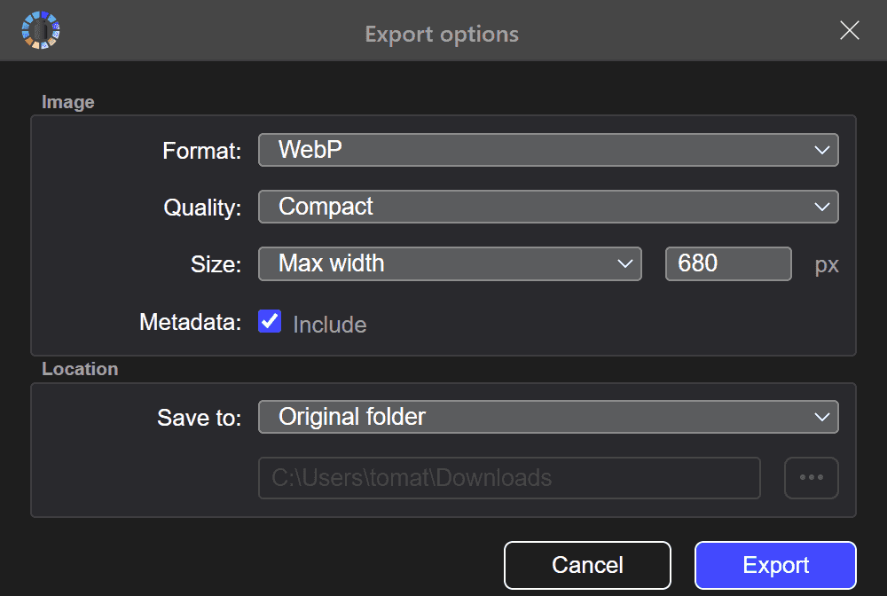 Diálogo de configuración de exportación de imágenes en la aplicación Tonfotos