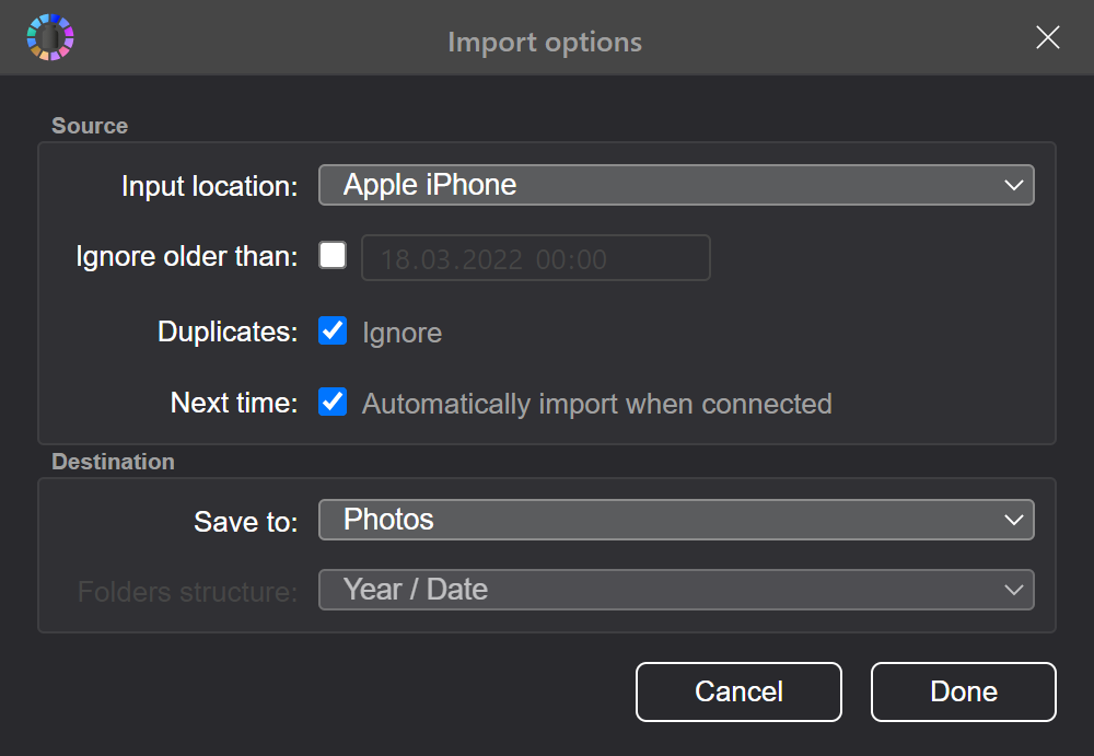 Smarphone import settings dialog in Tonfotos Image Viewer